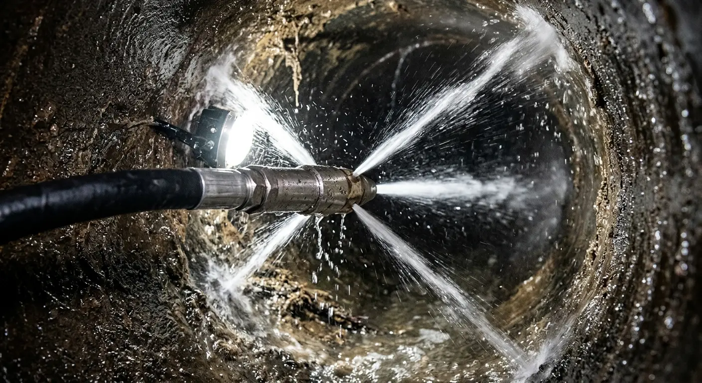High-pressure hydro jetting nozzle cleaning sewer pipe for Storm Drain Cleaning in North Hills