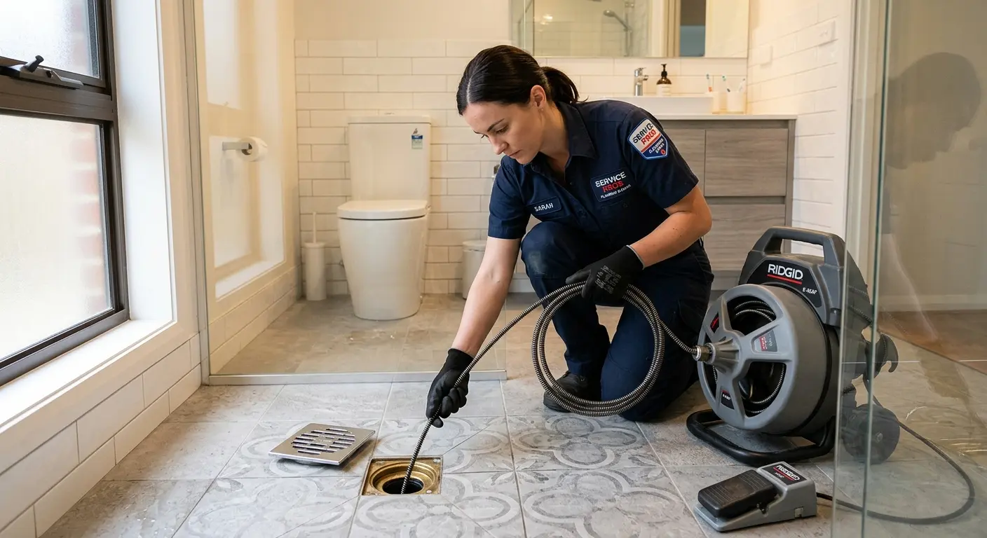 Technician clearing a bathroom floor drain for Sewer Line Replacement in North Hills